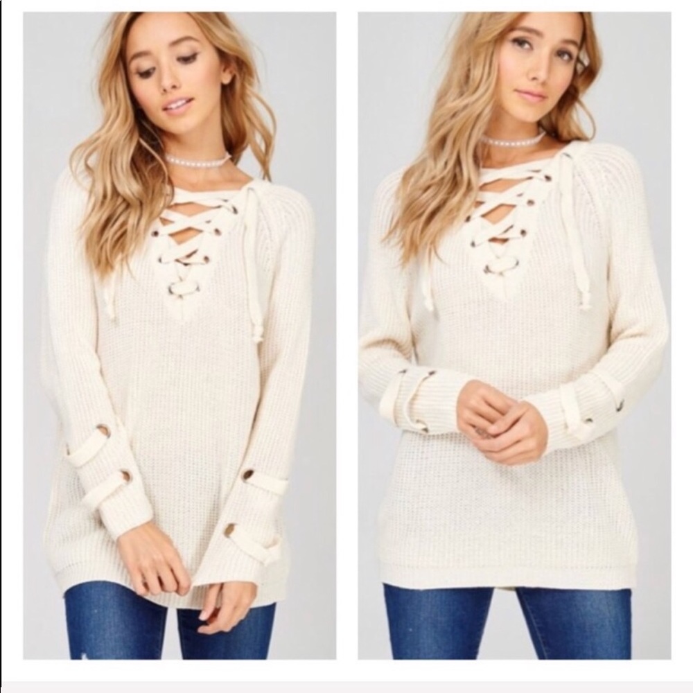 Oatmeal Lace Up Sweater - Picture 3 of 6